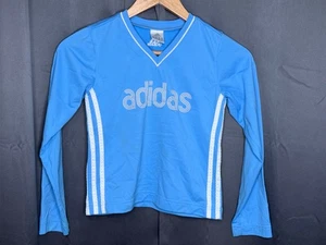 Adidas Shirt 3 Stripe Shirt Blue White Kids S (7-8) Long Sleeves Spell Out - Picture 1 of 5