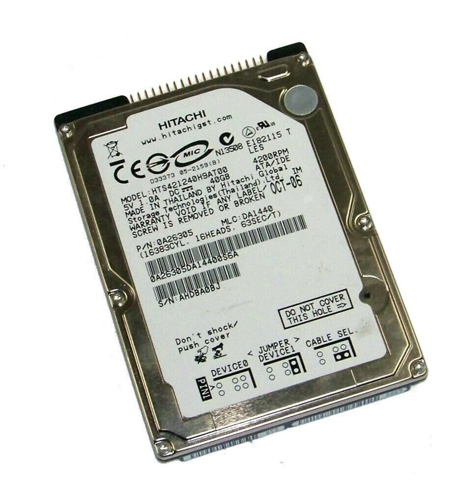 HTS421240H9AT00 HITACHI 40GB 2.5" HDD DISK 4200RPM ATA IDE P/N:0A27465 - Image 1 of 1
