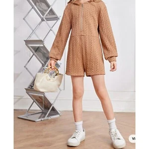 Camel Cableknit Girls Half Zip Drop Shoulder Hooded Romper - Picture 1 of 10