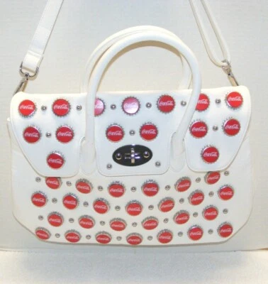 NWOT MIA WHITE LEATHER SHOULDER/ TOTE BAG WITH COCA COLA BOTTLE CAPS - Image 1 of 4