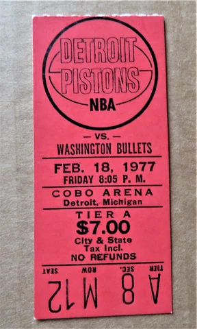Detroit Pistons vs Washington Bullets Ticket stub Feb 18, 1977 - COBO Arena ! Cover