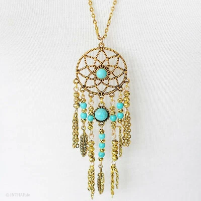 Traumfänger - Anhänger mit langer Kette und Türkis Stein gold gelbgold vergoldet - Bild 1 von 3