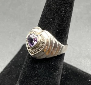 Vintage Sterling Silver & Amethyst Ring Marcasite Heart Shaped Dome Size 7.25 - Picture 1 of 11