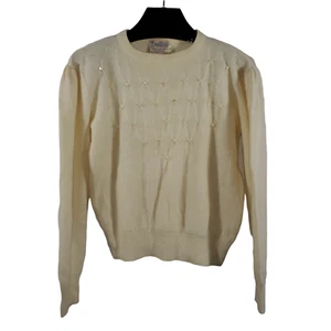 VTG 70s Excellence Beaded Pullover Sweater Womens L Cream Lambswool Angora - Picture 1 of 6