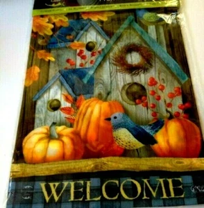 NEW Fall WELCOMEl garden flag 12.5"x 18"  Pumpkins Birdhouses Birds - Picture 1 of 3