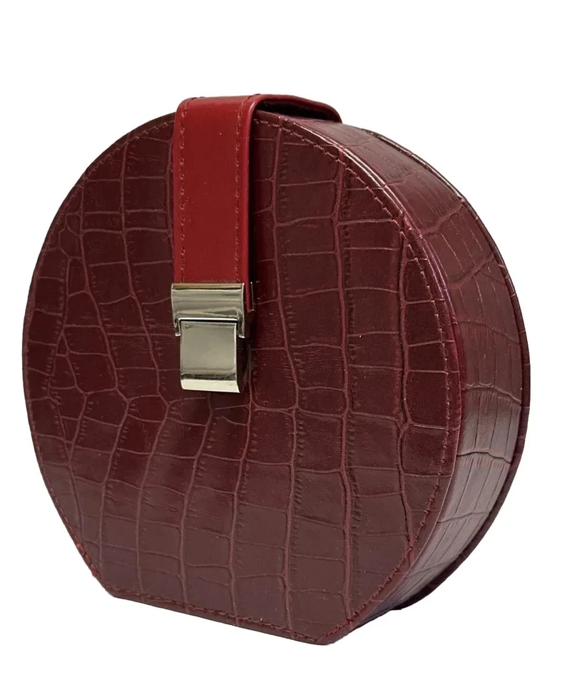 Estuche rígido redondo con soporte para cepillo de viaje de maquillaje con 2 espejos imitación cocodrilo rojo cierre a presión Foto 1 de 4