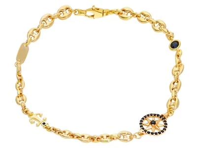 18K YELLOW GOLD 5mm MARINER MAN BRACELET, 7.3", COMPASS ANCHOR, BLACK SPINEL - Изображение 1 из 4