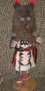 NATIVE AMERICAN KACHINA DOLL HAND CARVED WOLF BROWN FUR - Picture 1 of 1