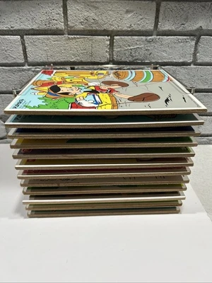 12 Vintage Wooden Playskool Puzzles & Metal Rack Garfield Pinocchio Peter Pan - Image 1 of 4