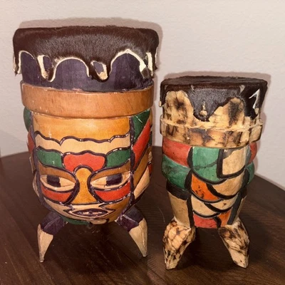 Hand Carved Wood African Drums- Awesome Pieces 15” & 12”-topped With Animal Hide - Image 1 of 4