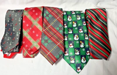 Hallmark Christmas Neck Ties  Lot Of 5 Trees Dogs Snowman Stripes Plaids - Image 1 of 4
