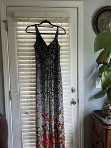 Chaps Maxi Dress Women's Large Black Red Floral V-Neck Sleeveless Cottage Core - Picture 1 of 3