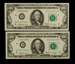 FR 2165-D $100 1969 A Federal Reserve Note - 2 Consecutive/New High SN - CA1798 - Picture 1 of 2