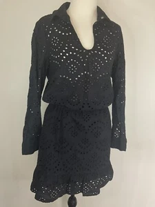 Seafolly Black Broderie Collared Long Sleeve Beach Coverup Mini Dress Size XS - Picture 1 of 6