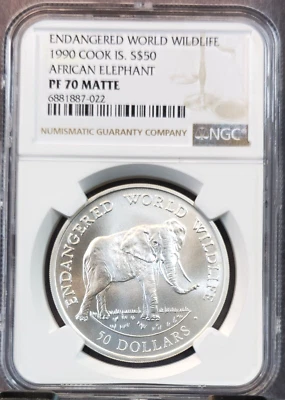 1990 COOK ISLANDS SILVER 50 DOLLARS AFRICAN ELEPHANT NGC PF 70 MATTE RARE POP 1 - Image 1 of 3