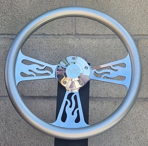 14" Billet Flame Steering Wheel with Silver Vinyl Wrap and GMC Horn Button - Bild 1 von 5