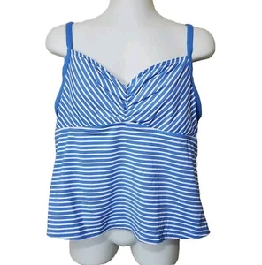 Lands End Tankini Top Womens 18 Blue White Striped Lined Shelf Bra Ruched Tank - Picture 1 of 6