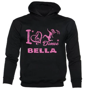 Girls I Love Dance Customised Hoodie Bella In Pink Glitter Ballet Dance Class  - Picture 1 of 7