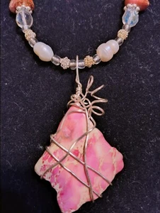 Wire Wrapped Cottagecore Handmade Necklace Beaded Rose Color Stone Pendant  - Picture 1 of 7