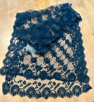 PEINE DE PELO MANTILLA OBLONGO ENCAJE LARGO ROSETA NEGRA DE COLECCIÓN, PRECIOSO NEIMAN Foto 1 de 4