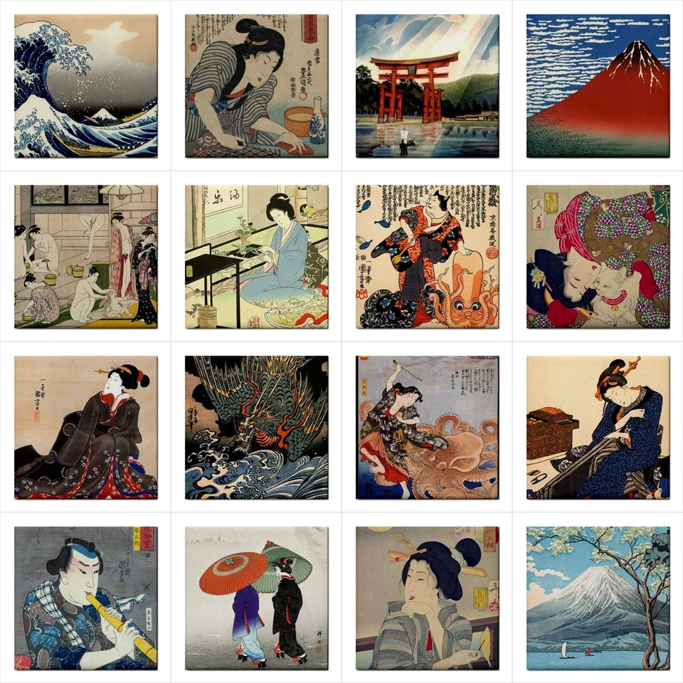 Juego de azulejos de cerámica Japón arte japonés conjunto de 16 azulejos decorativos para salpicadero lote Foto 1 de 4