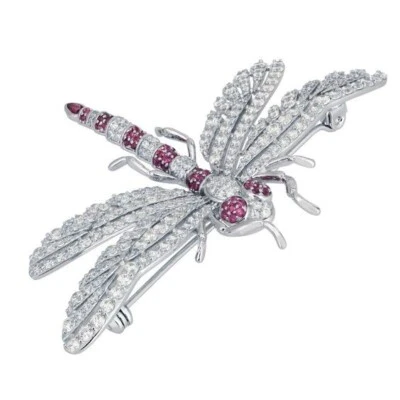 Dragonfly Brooch Pin In 935 Silver With 15.82TCW Pink Ruby & White Sapphire - Image 1 of 4