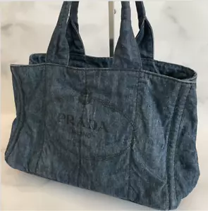 PRADA Canapa M Shopping Tote Hand Bag Blue Denim Auth "Made In Turkey" - Picture 1 of 16