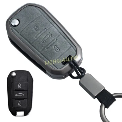 For Peugeot 208 301 308 508 2008 3008 Metal Leather Car Flip Key Fob Cover Case - Image 1 of 4