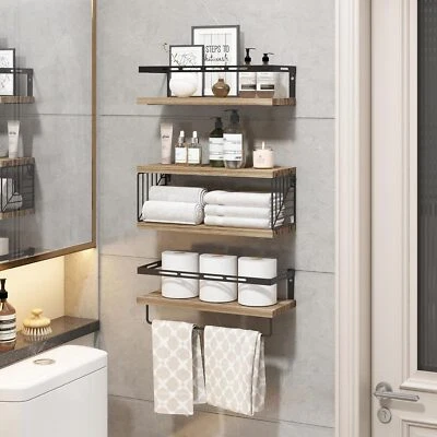 3+1 Floating Bathroom Shelves – Over Toilet Wall Mount w/ Towel Bar, Rustic - Image 1 of 4