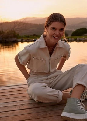 Macacão Mango jeans feminino com zíper manga curta creme aviador bombardeiro novo com etiquetas - Imagem 1 de 4