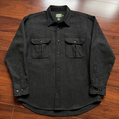 Cabelas 100% Wool Flannel Button Pocket Shirt Charcoal Grey Outdoors Size L Reg - Image 1 of 4