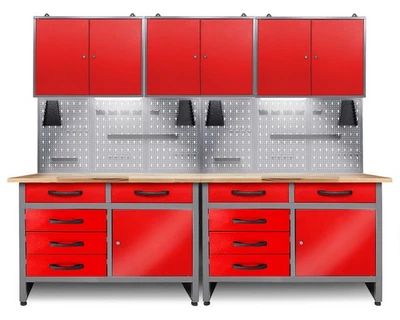 Ondis24 Werkstatt Set 240cm 2x Werkbank Metall 3x Werkzeugschrank Lochwand LED - Bild 1 von 4