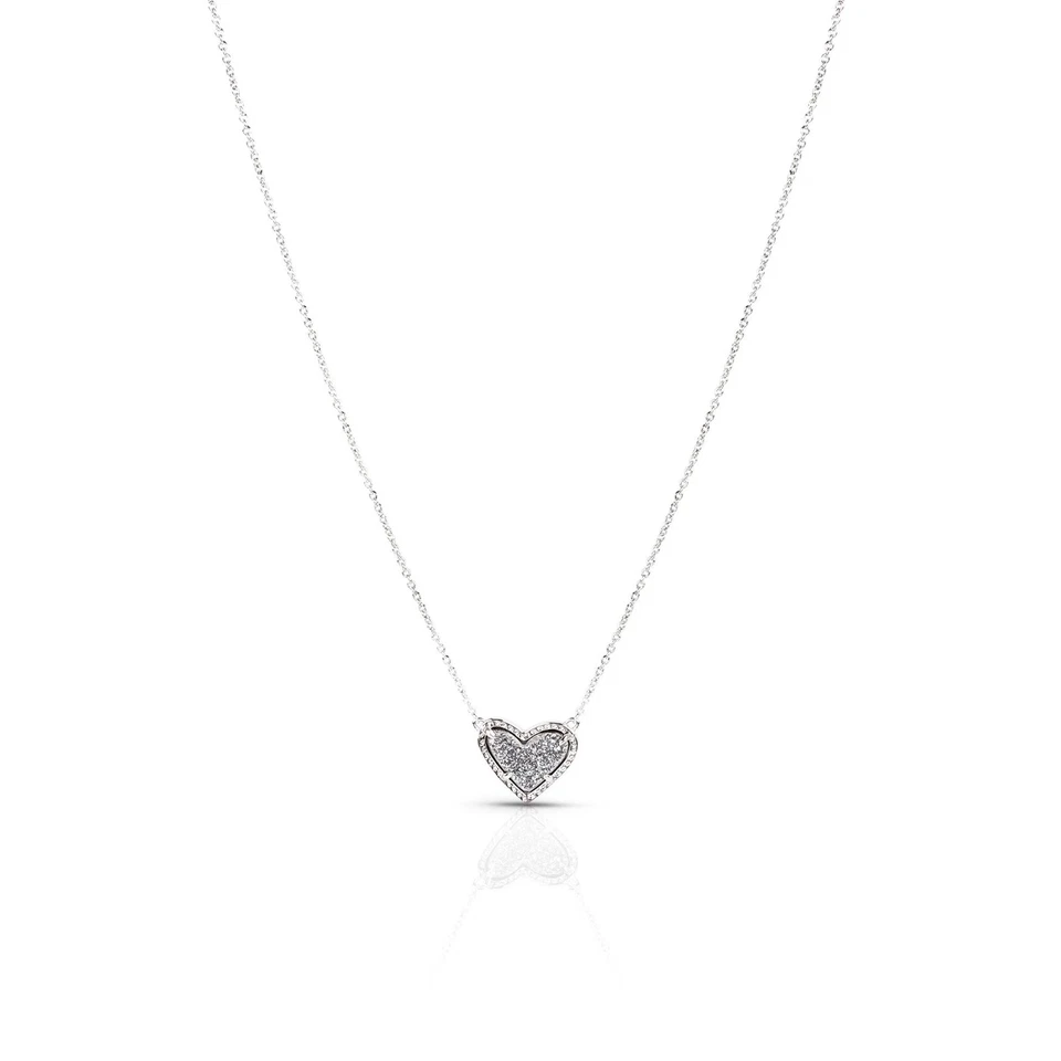Authentic Kendra Scott 080 Rhodium Platinum DRUSY Ari Heart Necklace