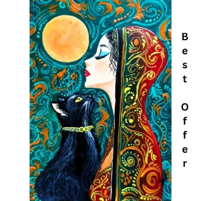 ACEO Original Cat Lady Animals Love Mini Pop Art Card Acrylic Hand Painting NEW - Image 1 of 4