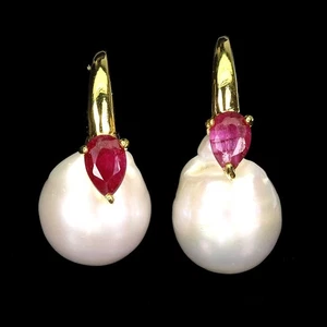 925 Sterling Silver Earrings Pear Ruby 6x4mm Pearl Natural Gemstone Jewelry - Picture 1 of 13