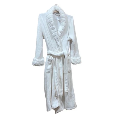 Carole Hochman Plush Wrap Robe Faux Fur Trim Spa Bath Sleepwear Ivory Large - Image 1 of 4