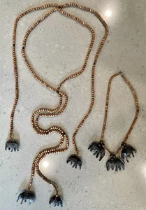 Vintage 80s Hand Carved Wooden African Safari Elephants Tie Belt & Necklace - Picture 1 of 18