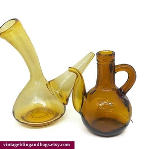 2 Vintage Hand Blown Amber Glass Oil pourers, Vinegar Decanter Pitcher Cruet - Picture 1 of 7