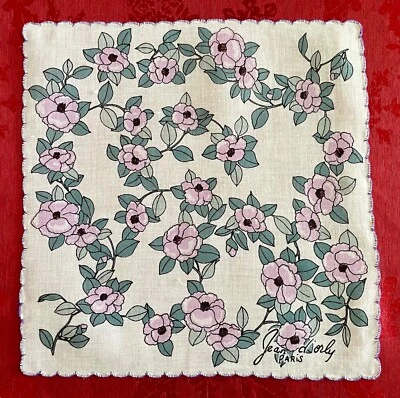 De colección Firmado Jean d' Orly Lino Floral Borde Vieira Años 50 Pañuelo Foto 1 de 2