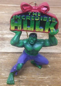 Incredible Hulk Christmas Ornament c2003 Marvel Holding Up Sign on Knees Red Bow - Picture 1 of 2