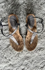 Lauren Ralph Lauren Women Sandals Silver T-Strap Cork Wedge 9B - Picture 1 of 7