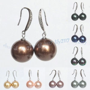 8-16mm Multicolor South Sea Shell Pearl Round Beads Dangle Silver Hook Earrings - Picture 1 of 38