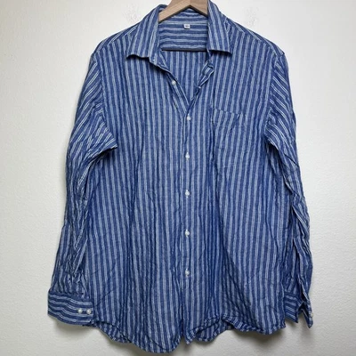 Uniqlo Men Linen Cotton Shirt XL Blue White Stripe Long Sleeve Casual - Image 1 of 4