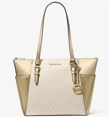 MICHAEL KORS CHARLOTTE LARGE TOP ZIP SHOULDER TOTE BAG MK PALE GOLD - See Descri - Image 1 of 4