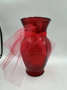 9" painted Cranberry Glass Vase Vintage Excellent Shape And Condition W Bow - Picture 1 of 12