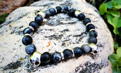 Black & Gray Agate Stone Beads w/ Tibetan Silver Skulls BRACELET - Image 1 of 3