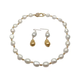 Freshwater Cultured White Baroque Pearl Necklace Keshi Pearl Earrings Set - Picture 1 of 8
