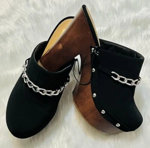 Black Suede Platform Mules Silver Chain. Size 7 - Picture 1 of 5