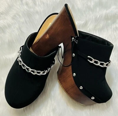 Black Suede Platform Mules Silver Chain. Size 7 - Image 1 of 4