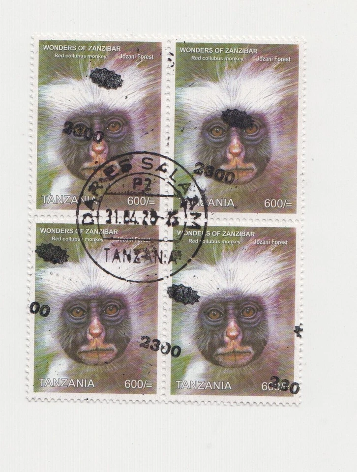 ТАНЗАНИЯ: надпечатка ошибка "обезьяна" 4 марки с почтовым штемпелем филателия б/у - Изображение 1 из 1